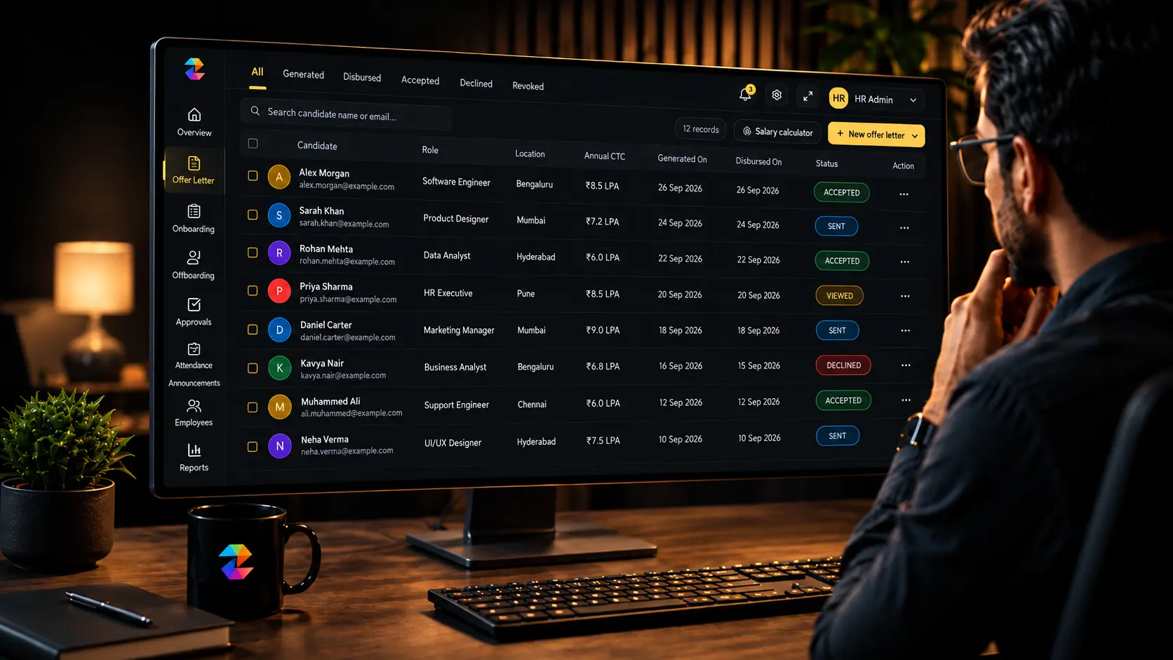 ZaroHR offer letter dashboard listing candidates with accepted, sent, viewed and declined offer statuses