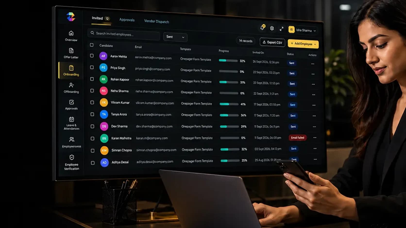 HR manager reviewing invited candidates and their onboarding progress on the ZaroHR dashboard