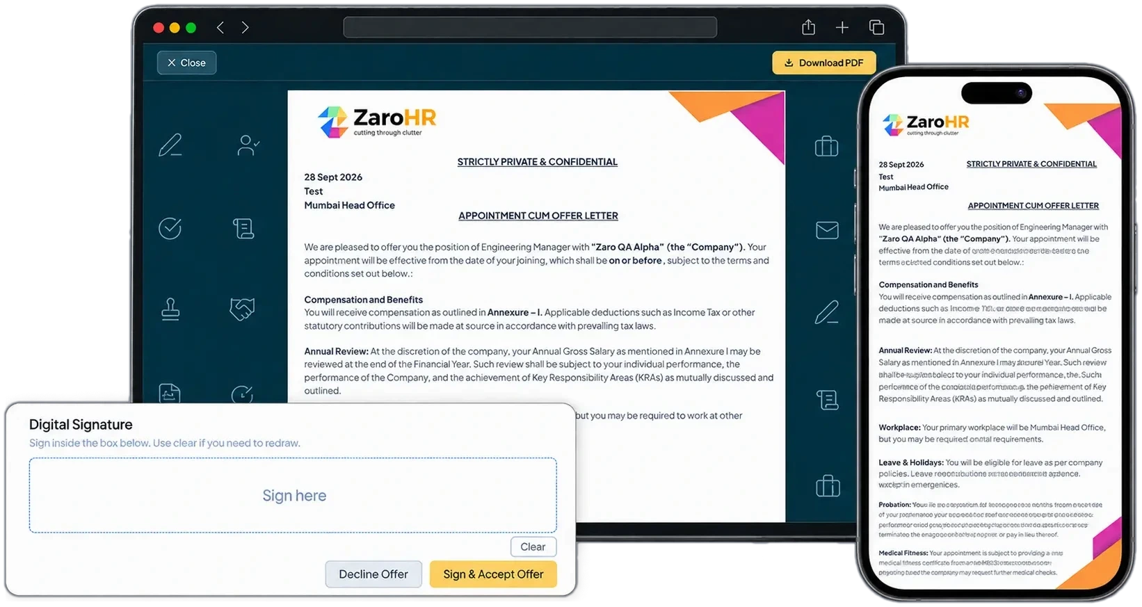 ZaroHR candidate portal showing an offer letter on desktop and mobile with a digital signature box and Sign and Accept Offer button