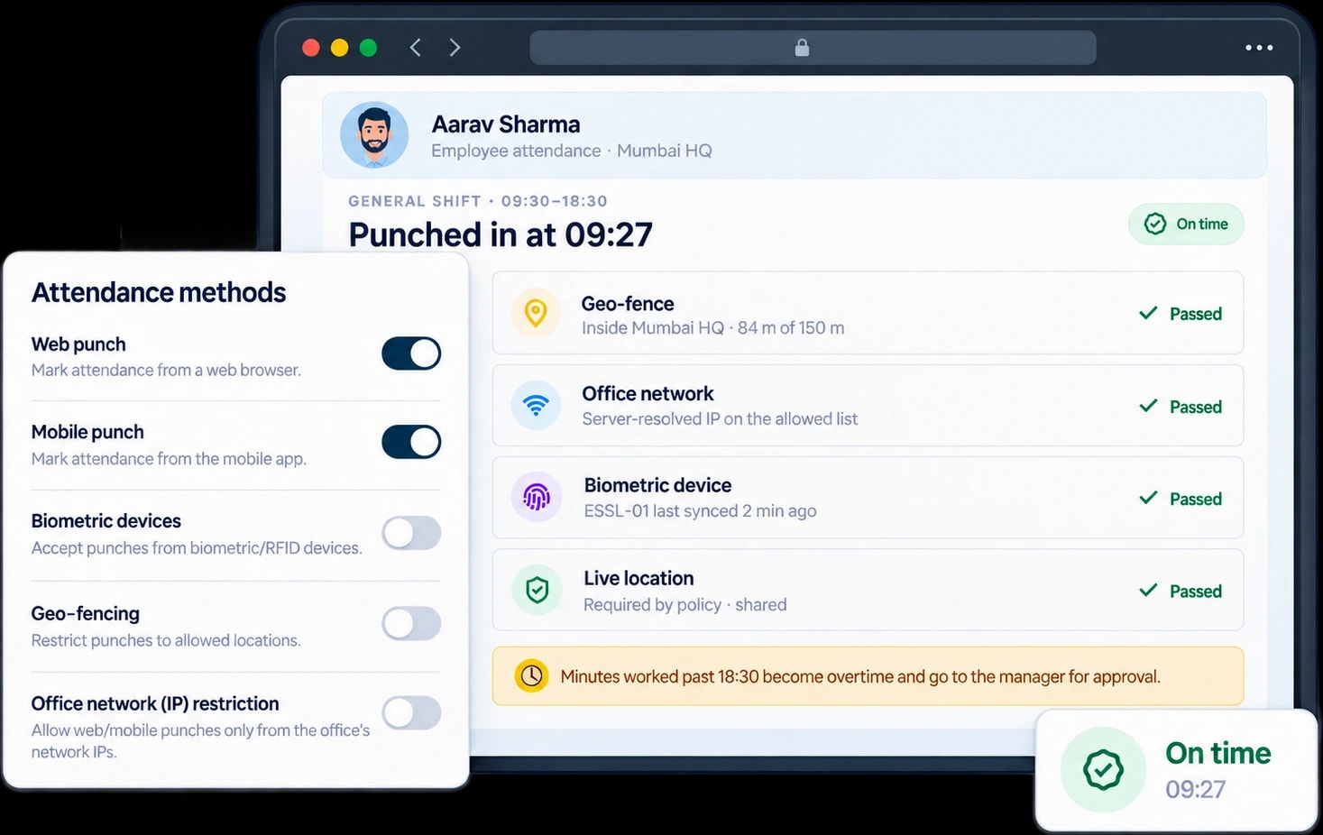 ZaroHR employee punch-in verified against geo-fence, office network, biometric device and live location, beside the attendance methods settings