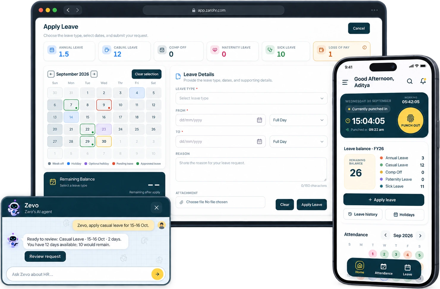 ZaroHR Apply Leave screen with leave balances and calendar, Zevo drafting a casual leave request, and the mobile app showing punch-in and leave balance