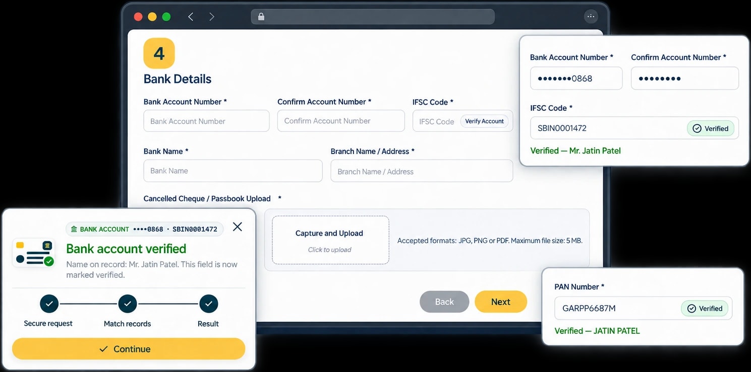 ZaroHR onboarding form showing verified bank account details