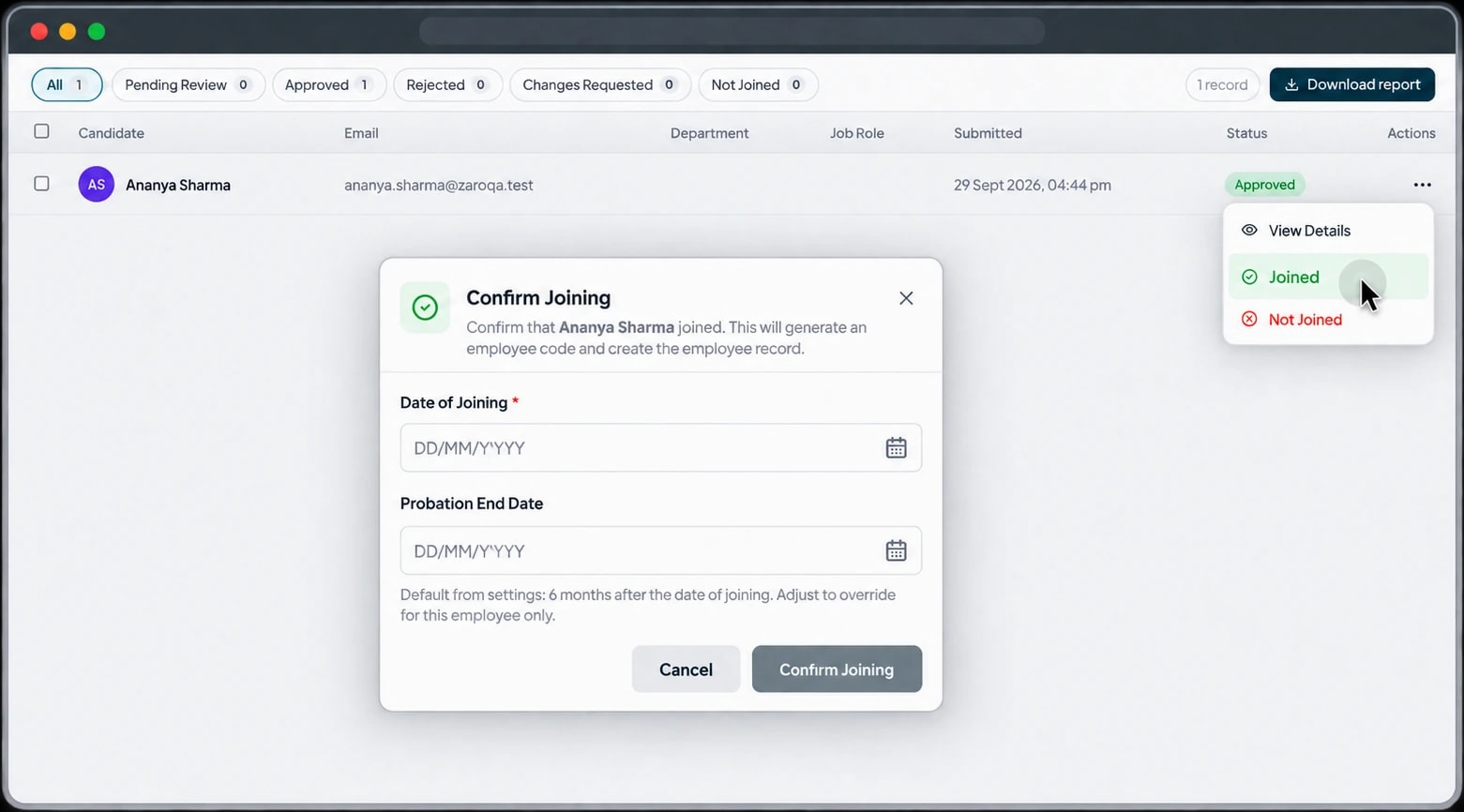 ZaroHR confirm joining screen that converts an approved candidate into an employee record