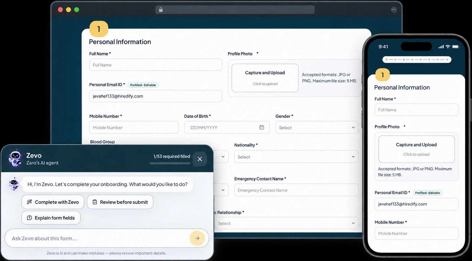 ZaroHR onboarding experience on desktop and mobile with Zevo guiding a candidate through each field