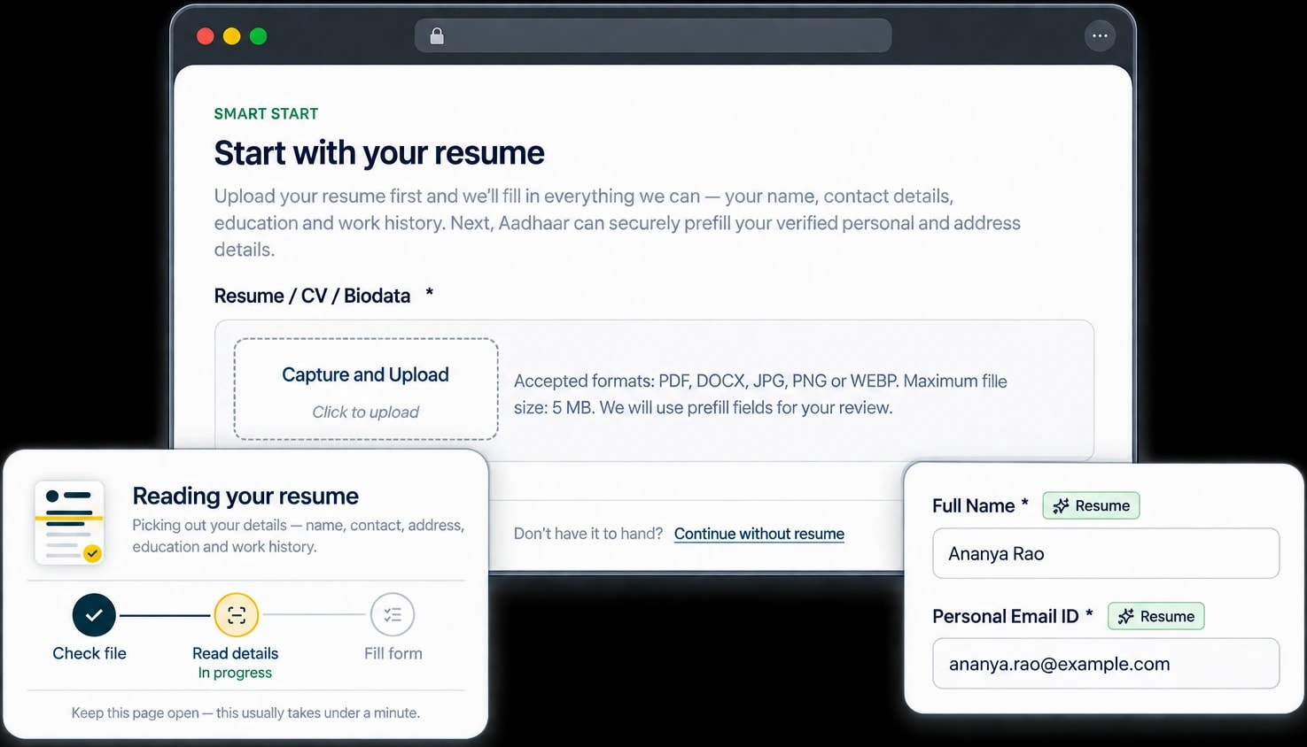 ZaroHR onboarding form pre-filled from a candidate resume