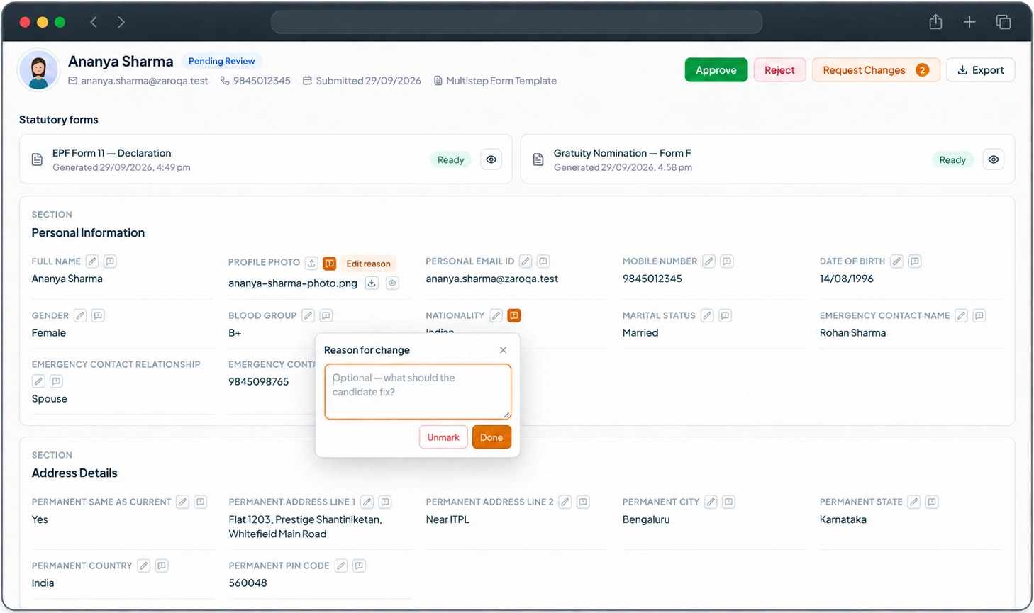 ZaroHR onboarding review and approval screen showing candidate details and field-level change requests
