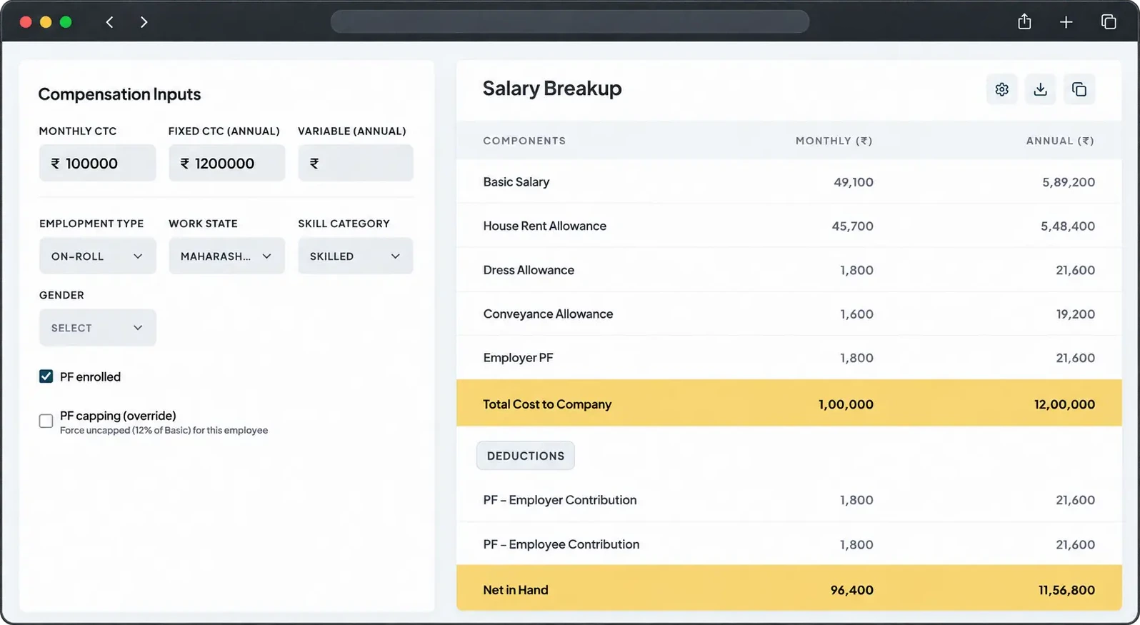 ZaroHR salary breakup with compensation inputs, work state and skill category, and a monthly and annual CTC table with PF deductions and net in hand