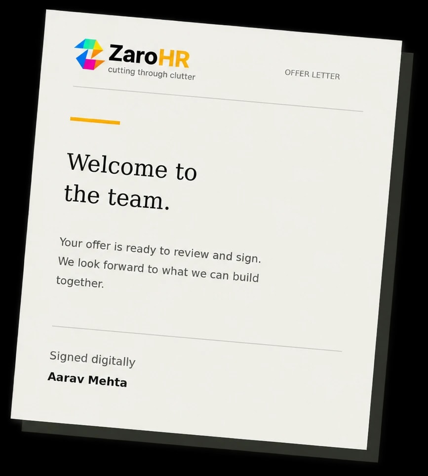 Digitally signed ZaroHR offer letter welcoming a new hire to the team