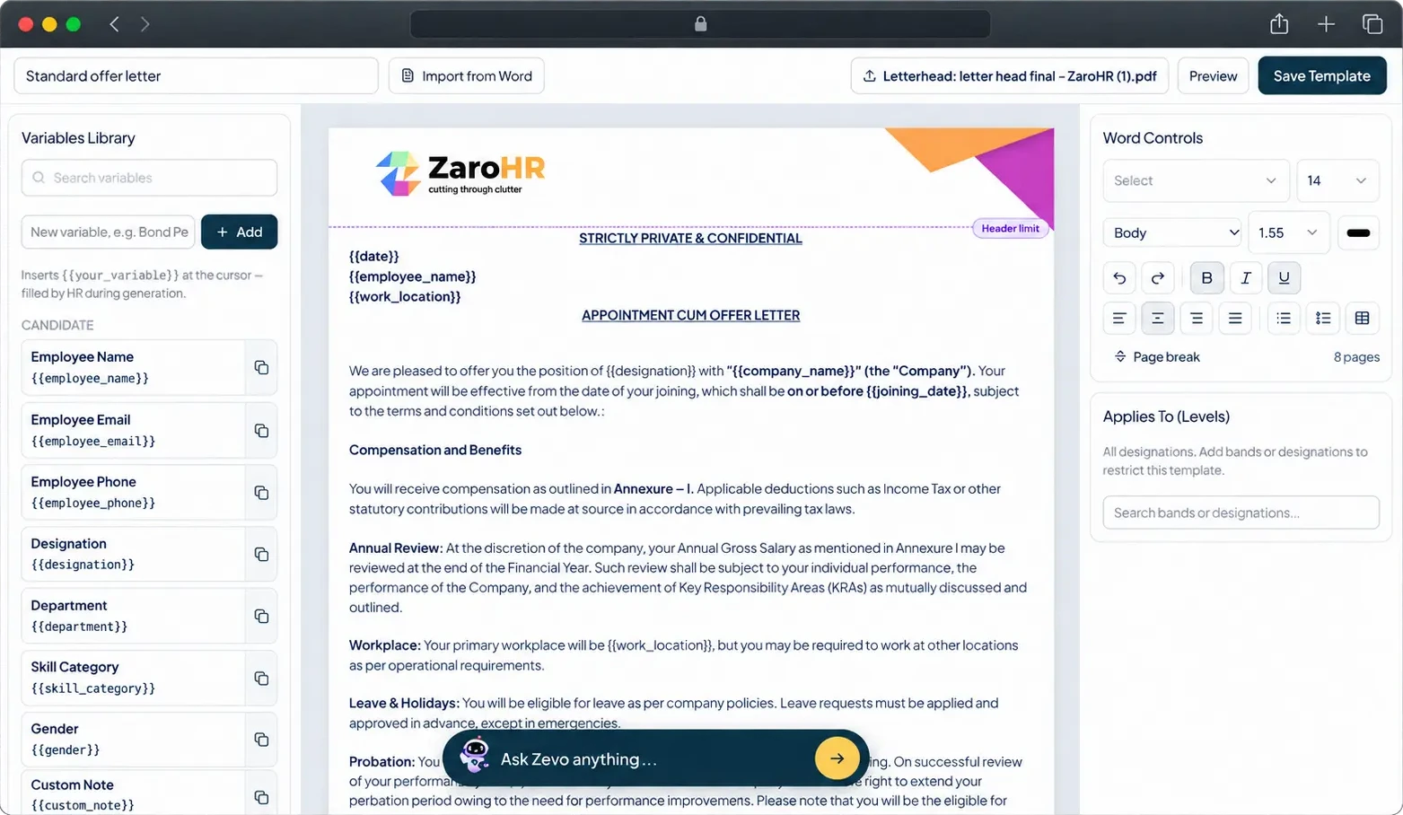 ZaroHR offer template builder with a variables library, a letterhead offer letter and word formatting controls