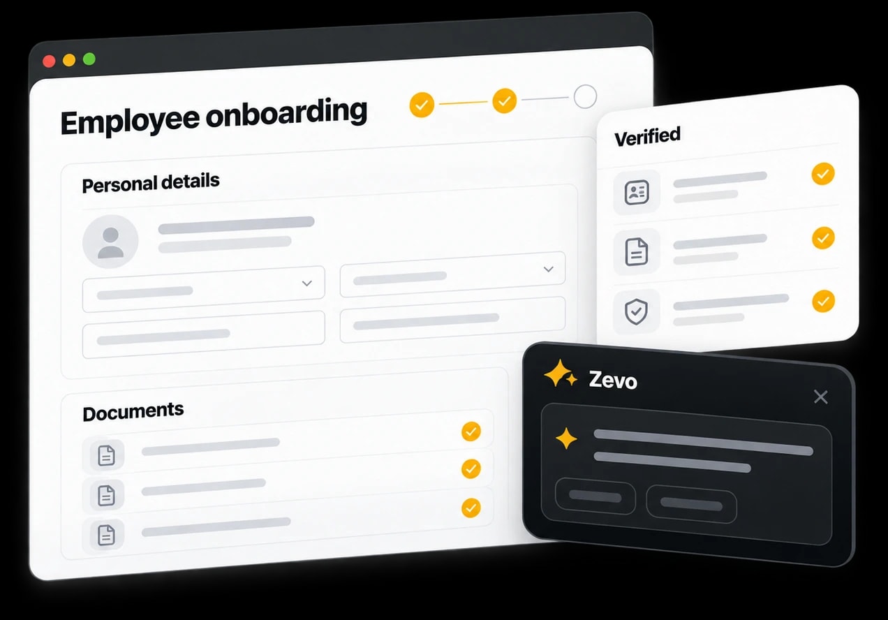 ZaroHR employee onboarding form with verified personal details and documents, and the Zevo assistant