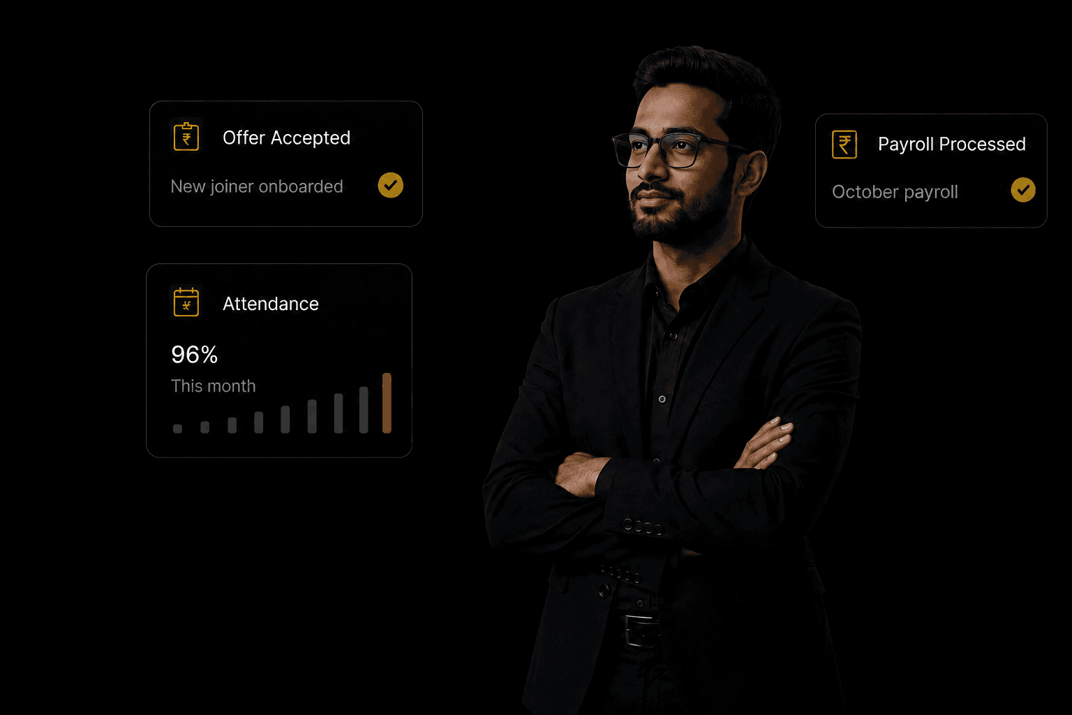 HR leader with live offer, payroll, attendance and performance status cards